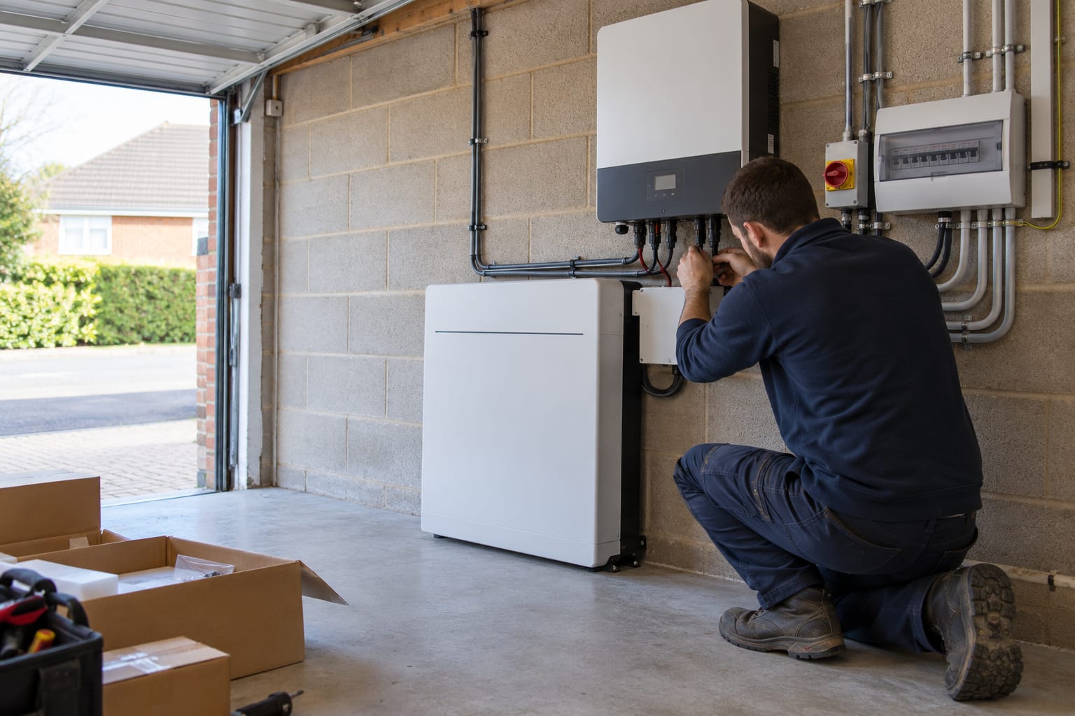 An installer kneeling beside a wall-mounted home battery and hybrid inverter in a domestic garage