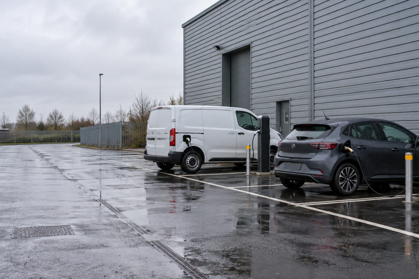 Two EV charging posts on staff parking bays outside an industrial unit