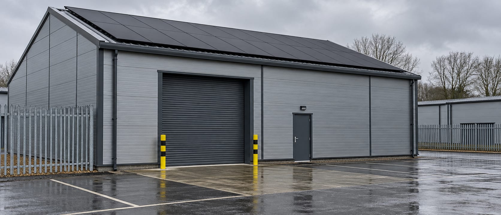 A commercial warehouse roof covered in rows of solar panels