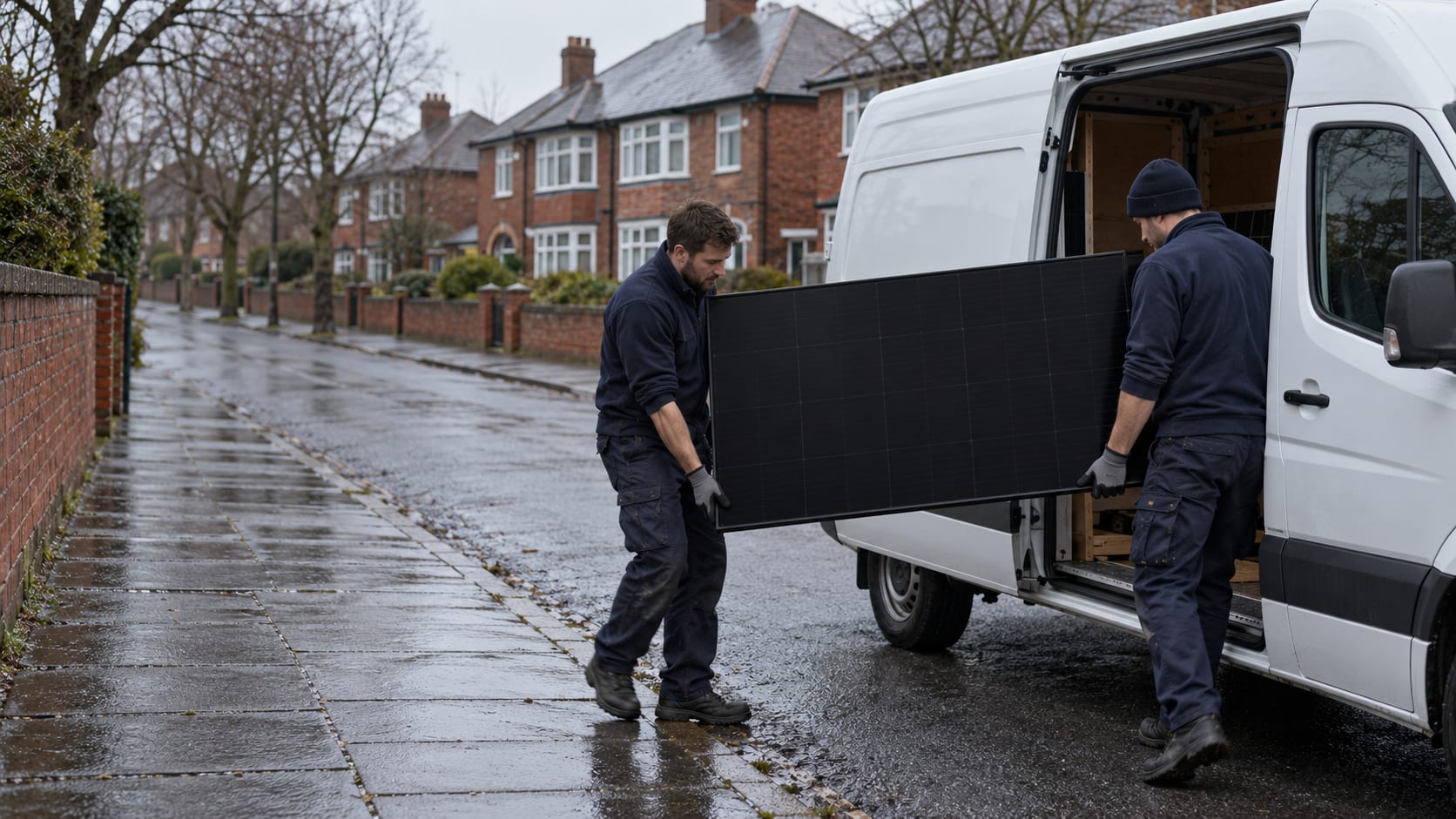 Engineers unloading solar panels and tools from the back of a van on a residential street
