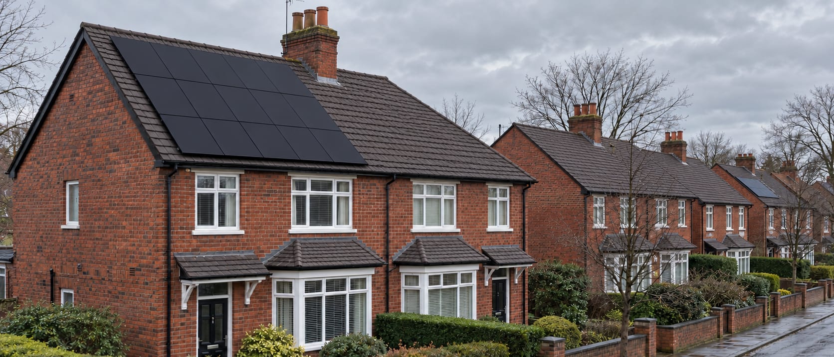 A red-brick semi with an all-black solar array on its front roof slope, more semis with plain tiled roofs down the street