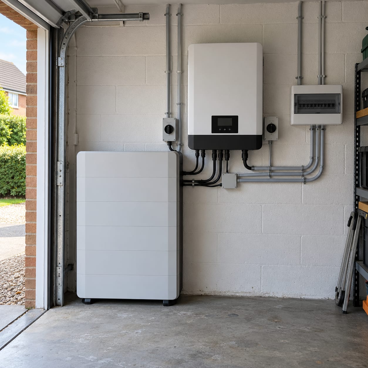 A wall-mounted home battery and inverter in a tidy garage