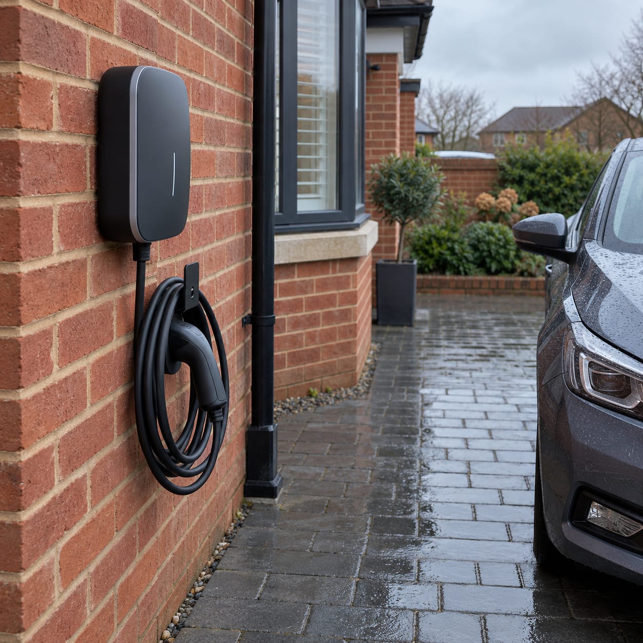 An EV charger fitted to a brick wall beside a driveway