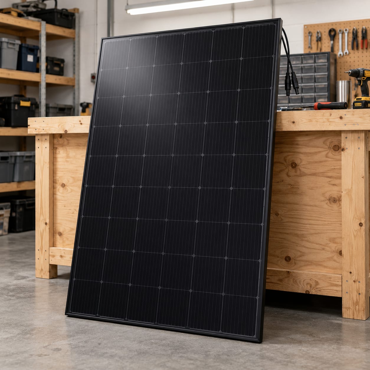 An all-black solar panel leaning against a workshop bench