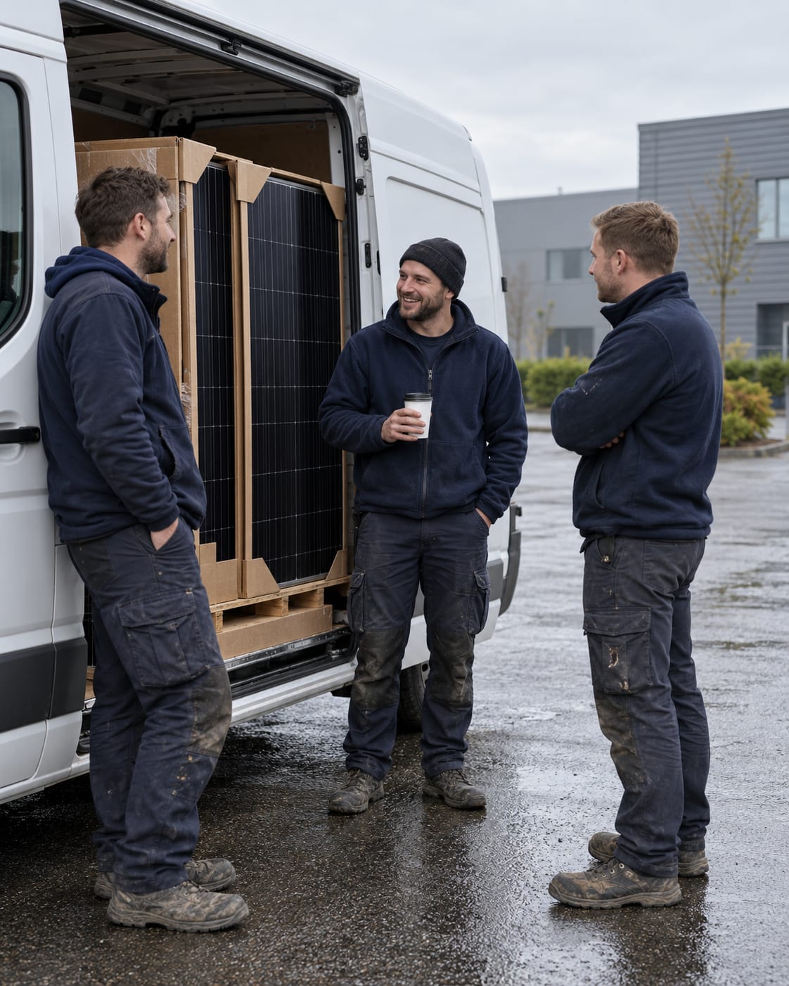 The ES Group team beside their van with solar panels loaded in the back